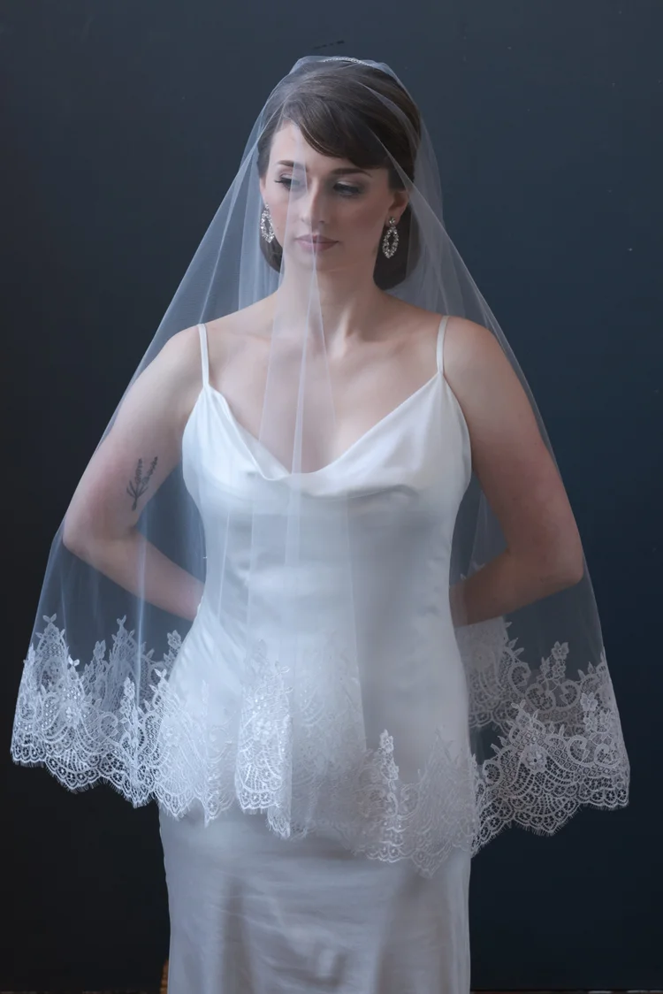 French lace trimmed two tier fold over Whisper bridal veil by